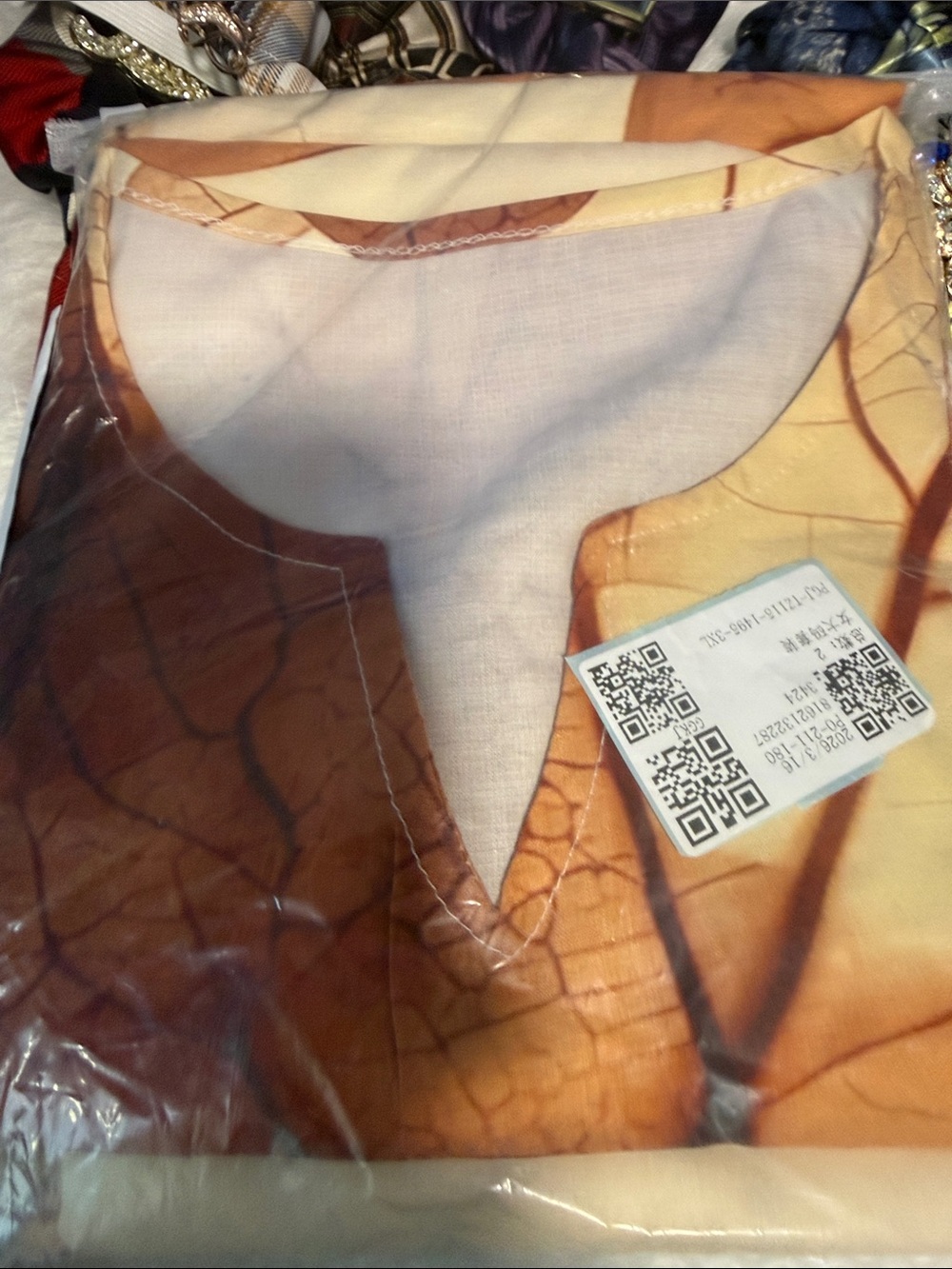 2 piece top and bottom Autumn Leaf Print V-Neck Shirt - Brown